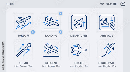 A collection of eight blue icons depicting various airplane flight stages on a mobile device screen with a light grey background.