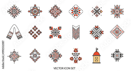 A set of traditional Ukrainian folk embroidery patterns and cultural symbols, featuring geometric designs and a few related items like a scarf and a building.