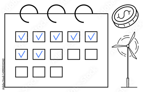 Renewable energy, financial planning, sustainability, goal achievement, energy efficiency, time management. A calendar with checkmarks, a coin and a wind turbine. Renewable energy and financial