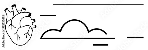 Healthcare, anatomy, emotions, weather, cardiology, abstract concepts. Black and white anatomical heart beside a cloud in linear design. Healthcare and anatomy in minimalist art