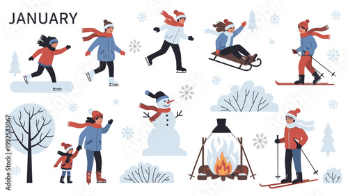 Illustration of people skiing, snowshoeing, and enjoying a campfire in a snowy landscape with bare trees and snowflakes in January.
