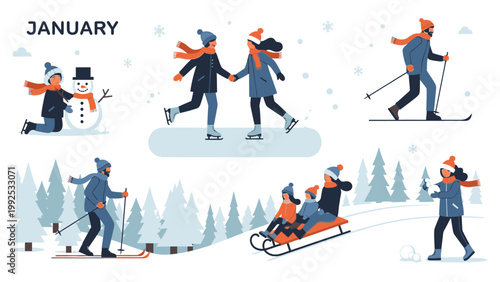 Illustration of people skiing and playing in the snow with various winter activities and scenery depicted in a colorful and lively cartoon style.