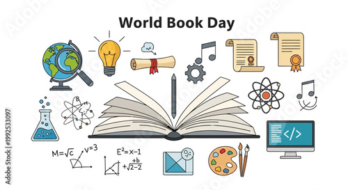 A vibrant vector illustration showcasing an open book surrounded by education symbols, including a globe and lightbulb, set against a clean white background, promoting a joyful