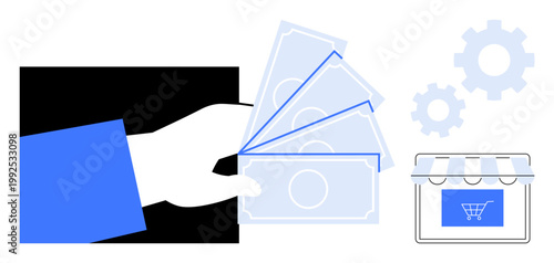 E-commerce, online shopping, payment system, financial transaction, digital marketing, business operations. Hand holding cash near a storefront and gear symbols. E-commerce and online shopping