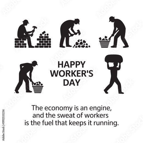 Black silhouettes depict various laborers celebrating worker s day with a message