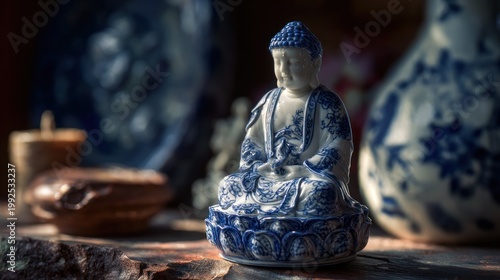 Serene buddha statue adorned with blue floral patterns radiates cultural elegance