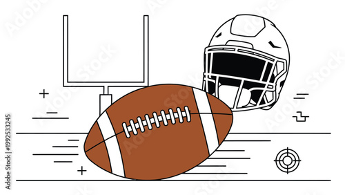 American football with helmet and goalpost, representing the sport’s essentials, classic game equipment set, modern flat vector illustration