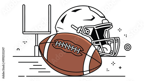 American football illustration with helmet and goalpost, core game elements symbol, clean modern vector style