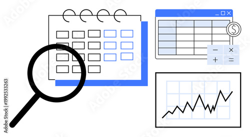Financial planning, data analysis, business strategy, market trends, scheduling, analytics. Calendar, spreadsheet and graph with magnifying glass. Financial planning and data analysis visualization