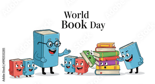 Cartoon books with smiling faces promote reading and education, arranged in a whimsical composition with a bright, playful mood, illustrating the joy of learning against a clean background