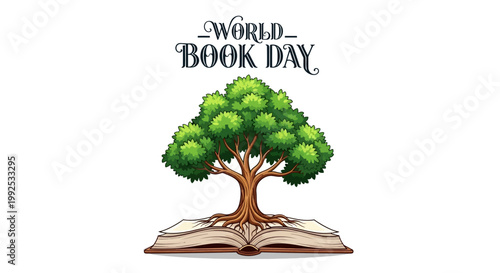 A stylized vector illustration celebrating World Book Day, featuring a lush green tree growing from the pages of an open book against a clean white background, embodying the reading habit