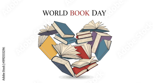 A conceptual vector illustration for World Book Day showcases an open book design forming a heart shape against a clean white backdrop, symbolizing a love for reading and the importance