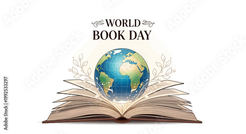 A vector illustration depicting World Book Day with an open book, featuring a globe emerging from its pages, set against a clean white background, creating a vibrant and educational visual