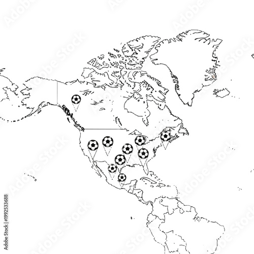 Simplified outline map of North America with soccer ball icons marking major city hubs, travel and tourism theme, minimalist flat vector artwork, clipart style, absolute solid block colors,