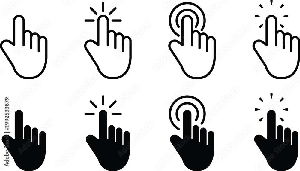 Fototapeta premium Touch Gesture Icon Set – Tap, Click and Press Hand Interaction Line and Solid Vector Icons