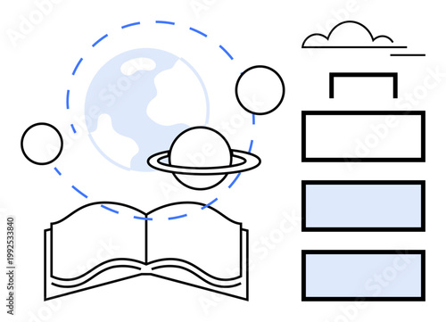 Education, space exploration, science learning, research resources, creativity, knowledge sharing. Open book, planets around Earth graphic elements. Education and space exploration