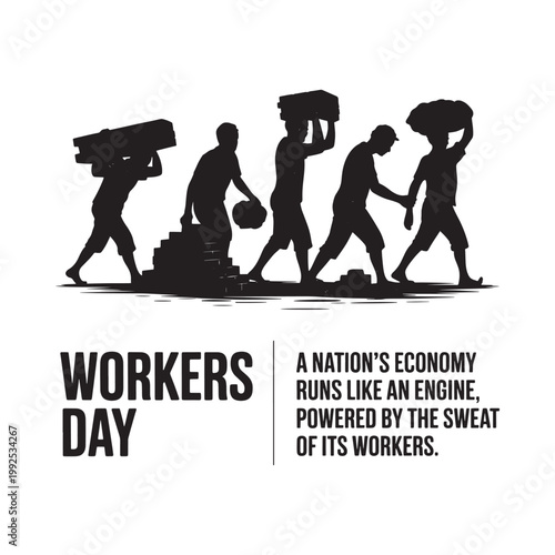 Silhouetted workers carrying loads representing a nation s economy and labor