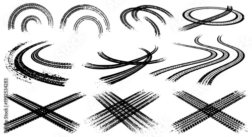 Tire tread marks after skidding, launch, drift, powerslide in motorsport, rally, off-road, motocross. Wheel texture with splash effect. Vector, transparent background SVG version.