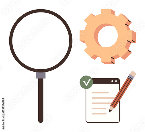 Data analysis, task management, quality assurance, workflow analysis, productivity, information organization. Magnifying glass, gear checklist with a pencil and checkmark. Data analysis and task