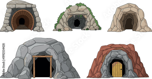 Collection of cave entrances and mine tunnels isolated on white background, cartoon style rocky shelters and underground openings vector illustration