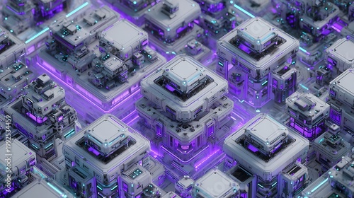 futuristic system architecture built from cubes, interconnected modules forming a decentralized economy,