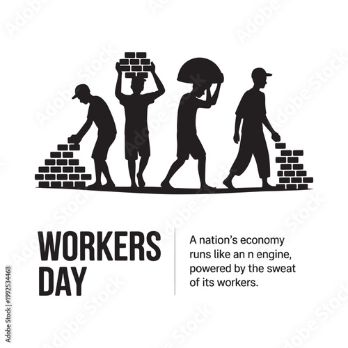 Silhouettes of workers building a wall with workers day text overlay