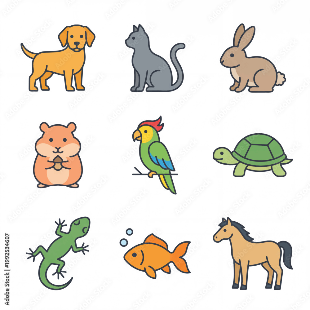 Fototapeta premium Collection of Cute Cartoon Animals and Pets.