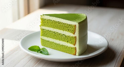 Slice of vibrant green matcha cake on white plate, minimalist food photography style, close up, delicious dessert, bright kitchen ambiance, refreshing green color.