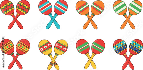 Collection of colorful maracas with simple patterns isolated on white background, traditional musical percussion instruments vector illustration