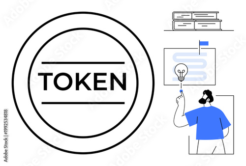 Digital assets, blockchain, innovation, data management, planning, education, finance. Circular token graphic light bulb document stack. Digital assets and blockchain as primary