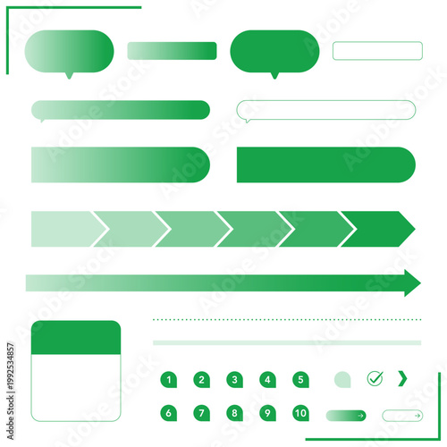 ビジネス用緑色の吹き出しと矢印のインフォグラフィック素材セット。プレゼン資料向けグリーン系のバナー・プロセス図・数字アイコン集。