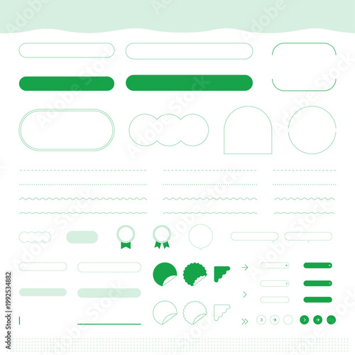 シンプルな見出し枠・ボタン・区切り線などのUIパーツセット。ワイヤーフレームや資料作成に使える黒とグレーのミニマルな装飾アイコン集。