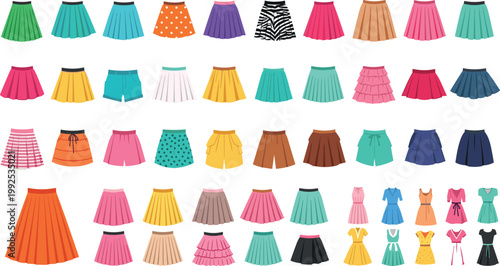 Collection of colorful skirts and dresses isolated on white background, fashion clothing set with various styles apparel vector illustration