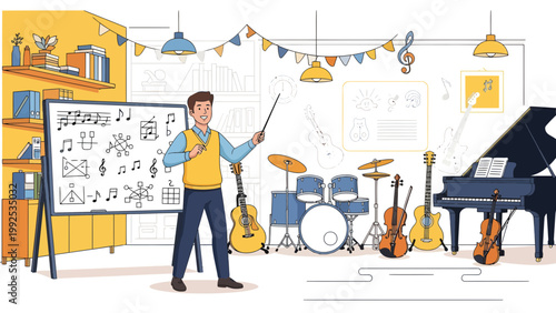 Man holding baton teaching music class.