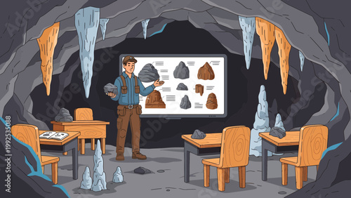 Man standing in classroom with rocks.