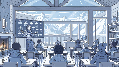 Students sitting in classroom facing teacher.