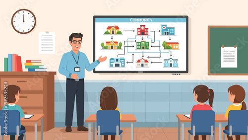 Teacher explaining flowchart to students.