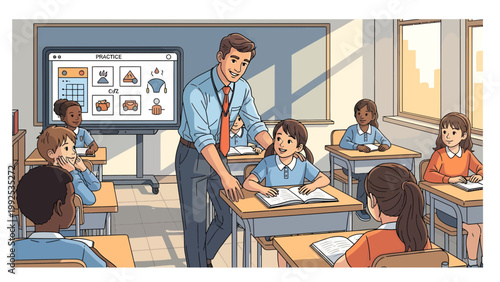 Teacher helping students in classroom.