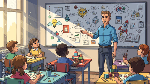 Teacher standing in classroom with students 12.