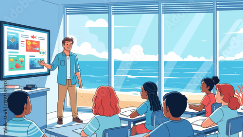 Teacher standing in classroom with students 18.