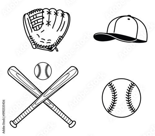 Baseball vector outline clip art collection, professional baseball cap, bat and glove sport equipment set, isolated game elements
