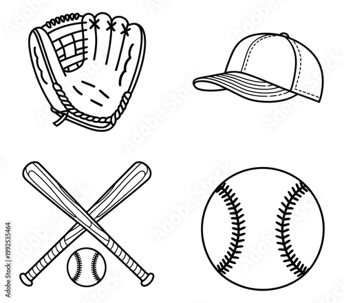 Baseball vector outline clip art collection, featuring baseball cap, bat, glove and equipment elements, sport game essentials set