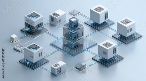 modular machine learning architecture, stacked cubes representing data processing units, connected neural grid,