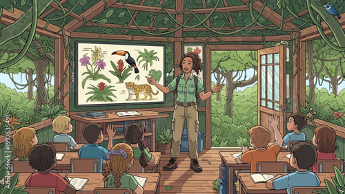 Woman giving presentation to children.