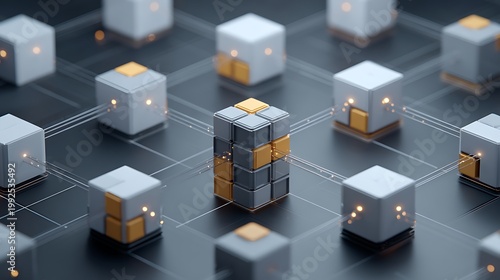 modular machine learning architecture, stacked cubes representing data processing units, connected neural grid,