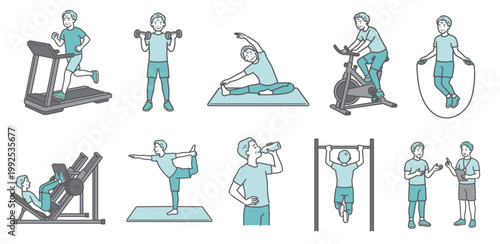 様々な運動をするシニア男性の10点セットイラスト（標準体型・笑顔）