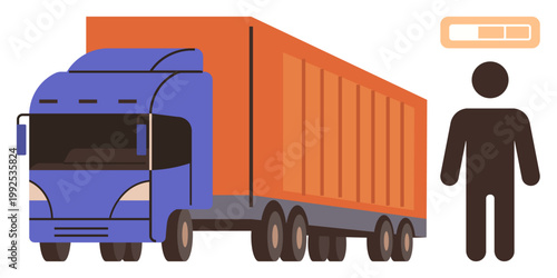 Supply chain, delivery services, logistics planning, transportation, cargo management, shipping routes. Semi-truck and person icon with capacity indicator. Logistics and delivery services concept