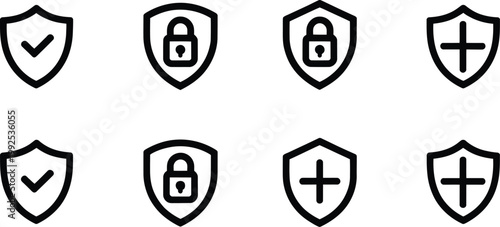 Shield security icons with checkmark lock and plus signs set in simple outline style