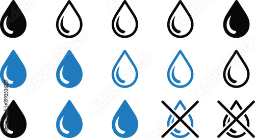 Water drop icons set with blue and black outlines and solid shapes in flat vector style