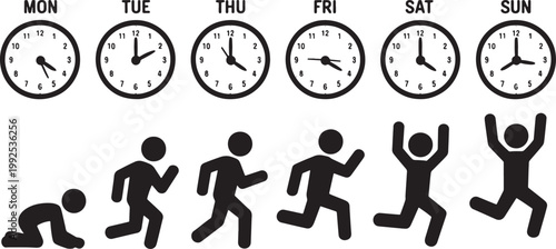 Weekly work schedule and human activity icons with clocks showing days of the week